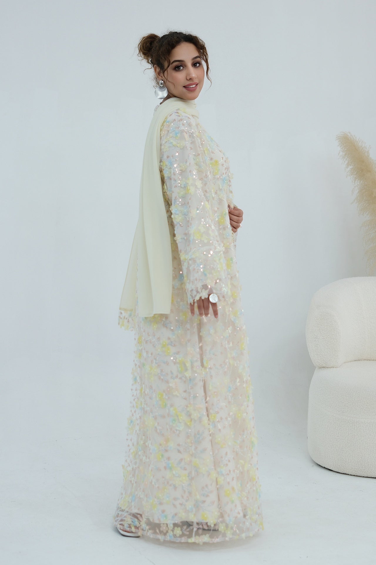 Hand-Beaded Floral Open Abaya Three-Piece Set with Matching Inner Dress & Hijab-Apricot