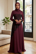 Asymmetric Lace-Trimmed Maxi Dress-Wine