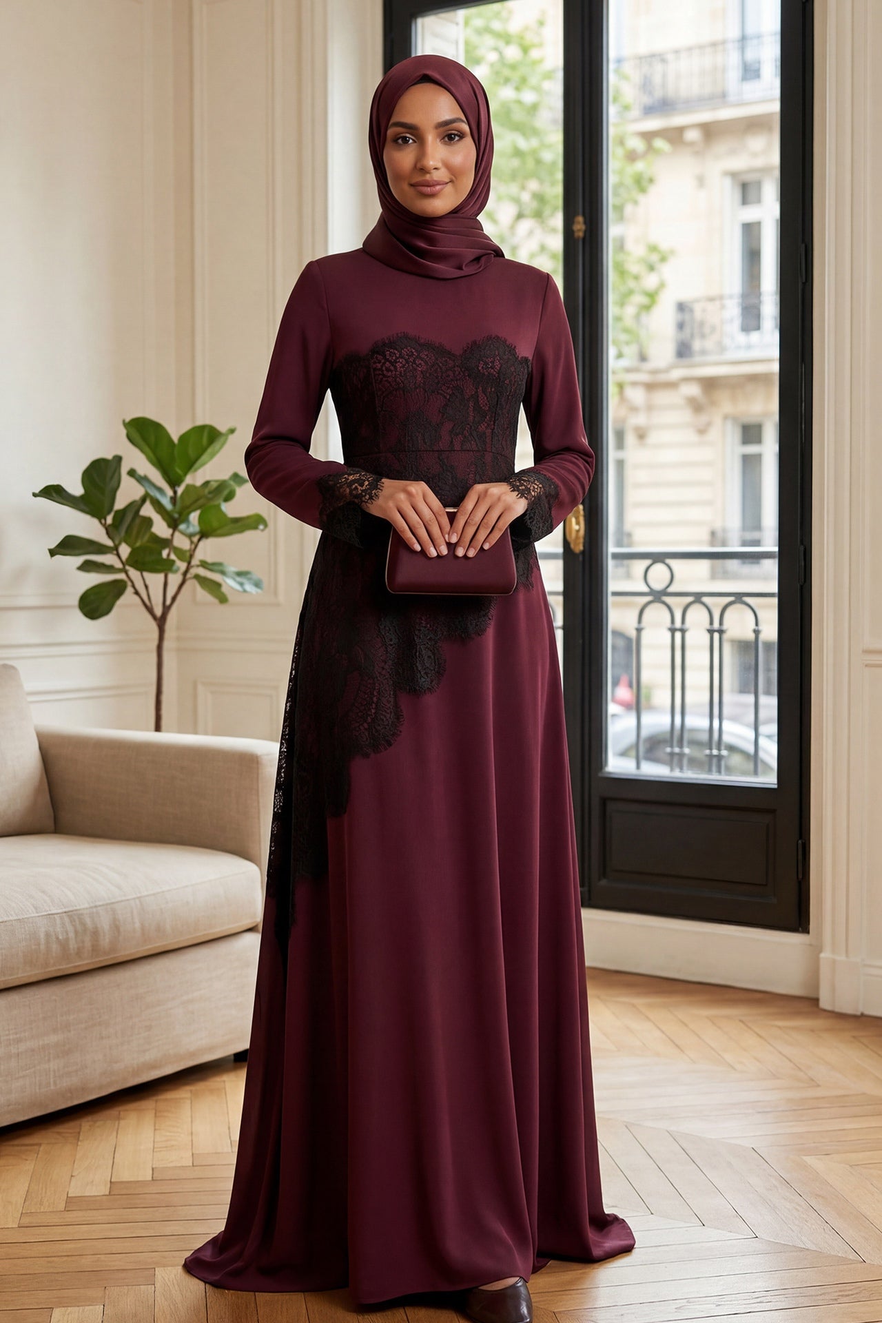 Asymmetric Lace-Trimmed Maxi Dress-Wine