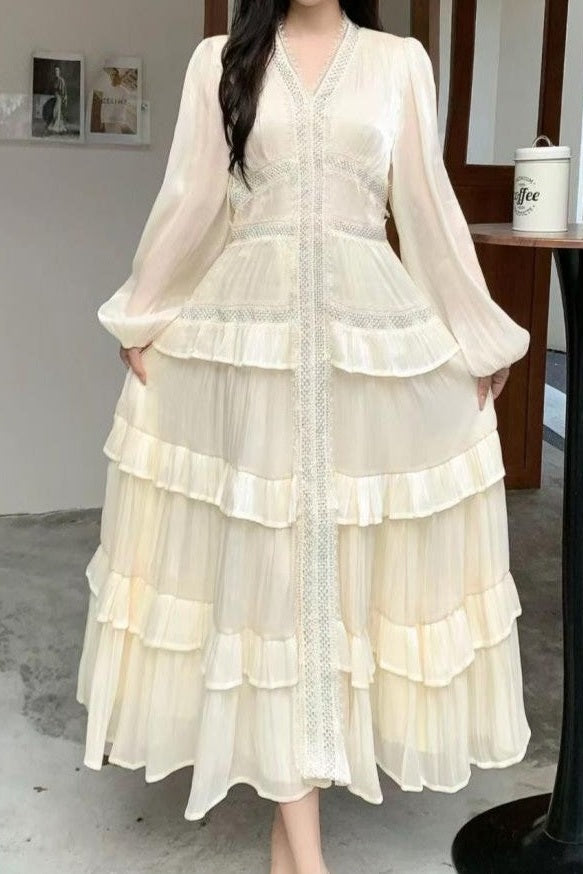 Luxury Rhinestone Embellished V-Neck Lace Patchwork Maxi Dress-Apricot