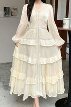 Luxury Rhinestone Embellished V-Neck Lace Patchwork Maxi Dress-Apricot