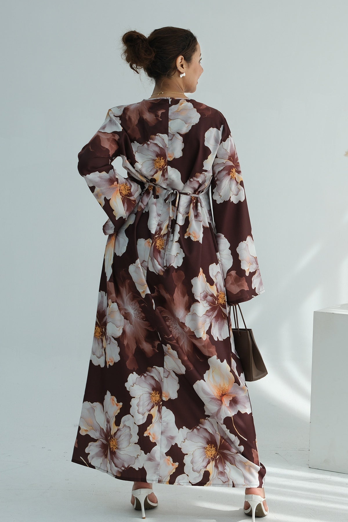 Large Floral Print Bell Sleeve Maxi Dress-Coffee