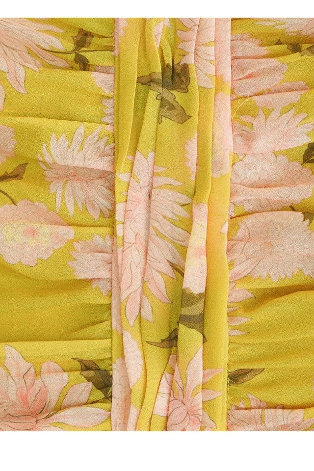 Vibrant Sunny-Day Floral Print Cinched-Waist Modest Maxi Dress