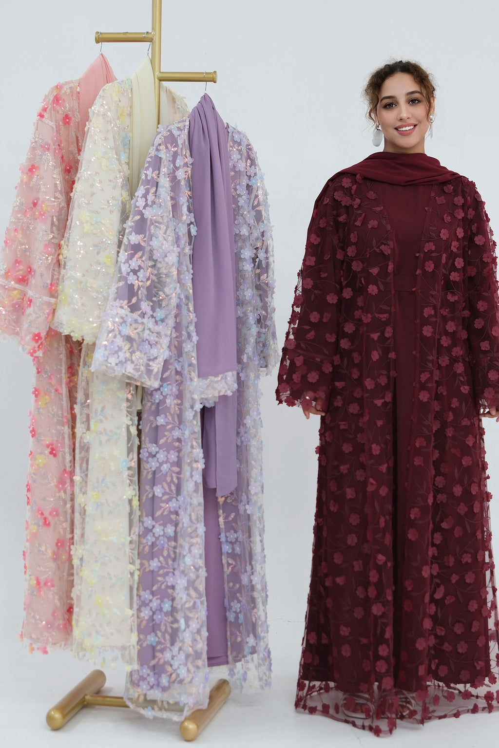 Hand-Beaded Floral Open Abaya Three-Piece Set with Matching Inner Dress & Hijab-Wine