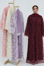 Hand-Beaded Floral Open Abaya Three-Piece Set with Matching Inner Dress & Hijab-Wine