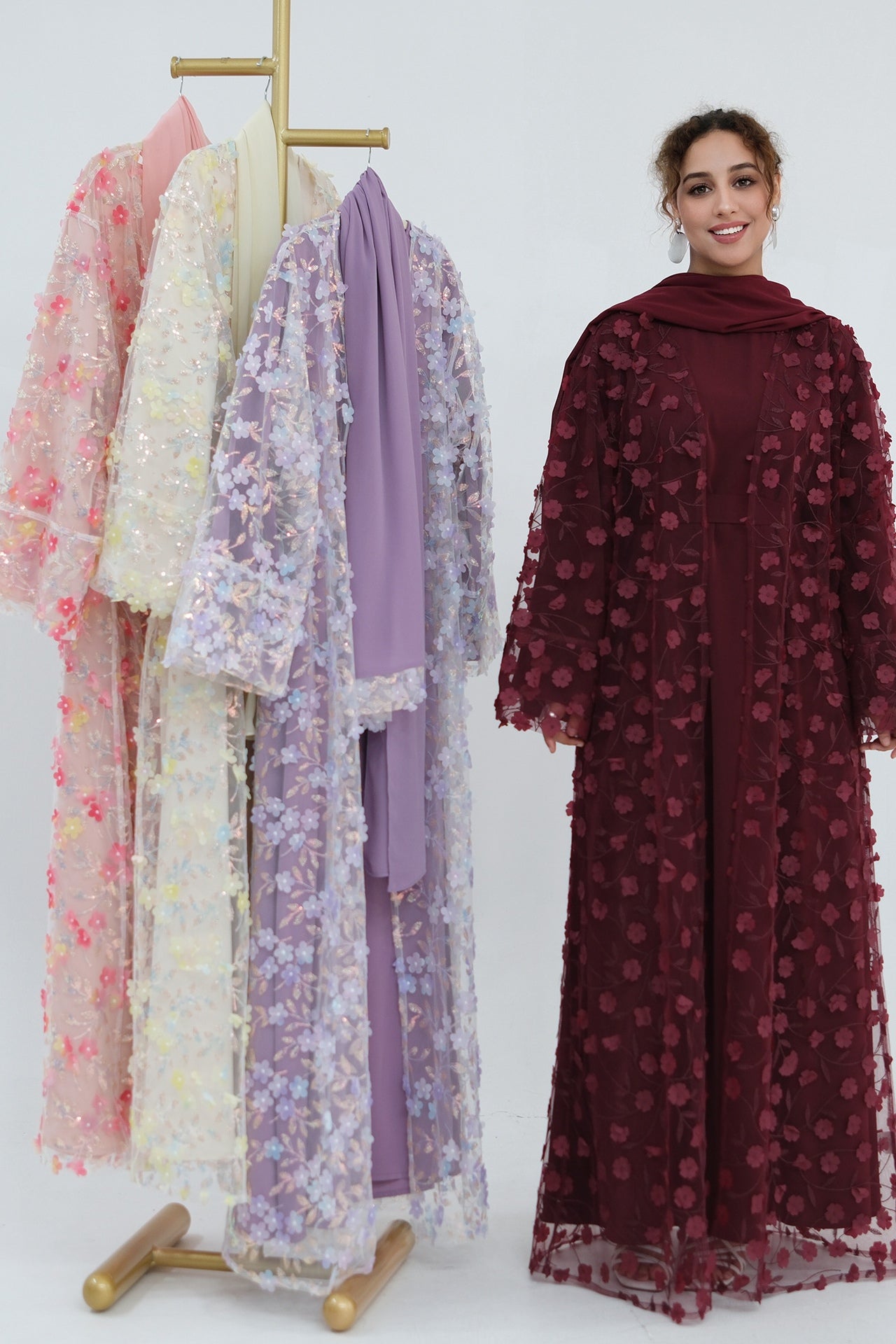 Hand-Beaded Floral Open Abaya Three-Piece Set with Matching Inner Dress & Hijab-Wine