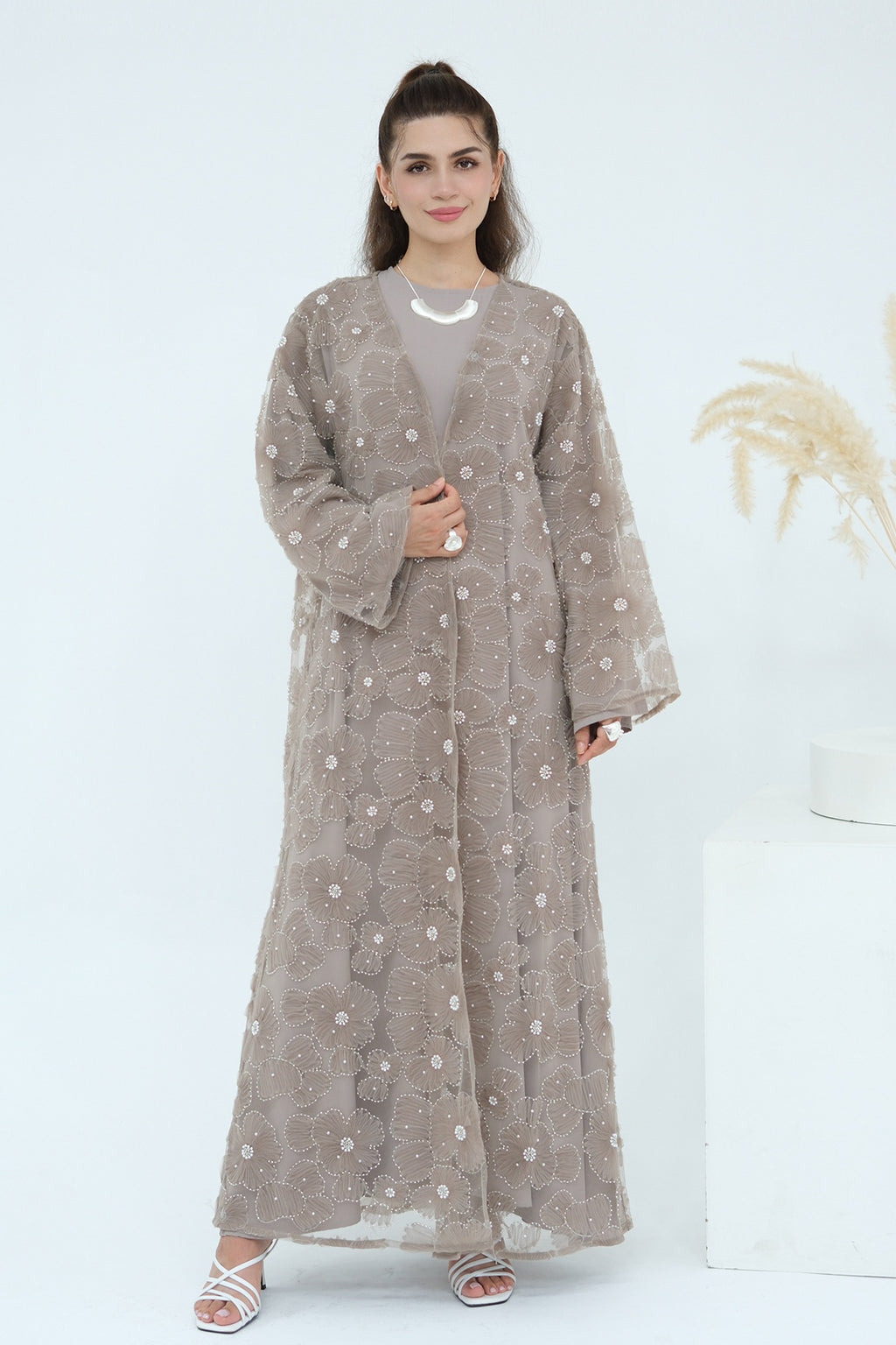 Hand-Beaded Floral Mesh Abaya Two-Piece Set-Grey