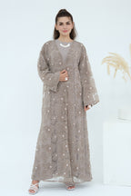 Hand-Beaded Floral Mesh Abaya Two-Piece Set-Grey