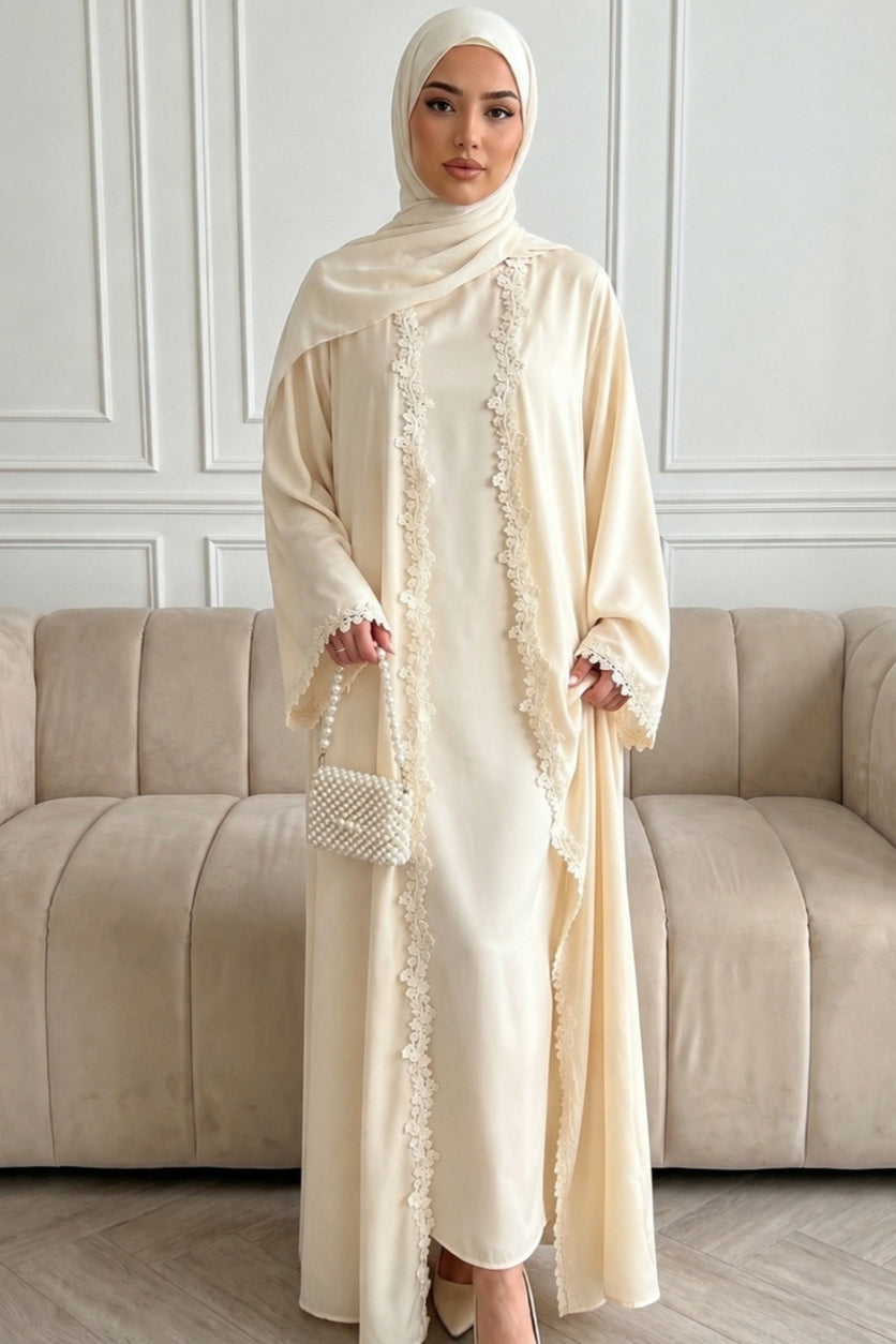 Embroidered Lace Texture Open-Front Duster Abaya