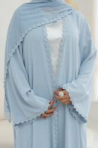 Floral Lace Trim Open Abaya & Matching Hijab Two-Piece Set-Blue
