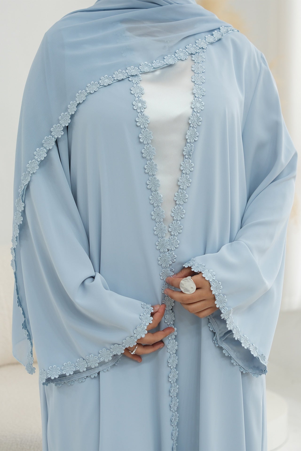 Floral Lace Trim Open Abaya & Matching Hijab Two-Piece Set-Blue