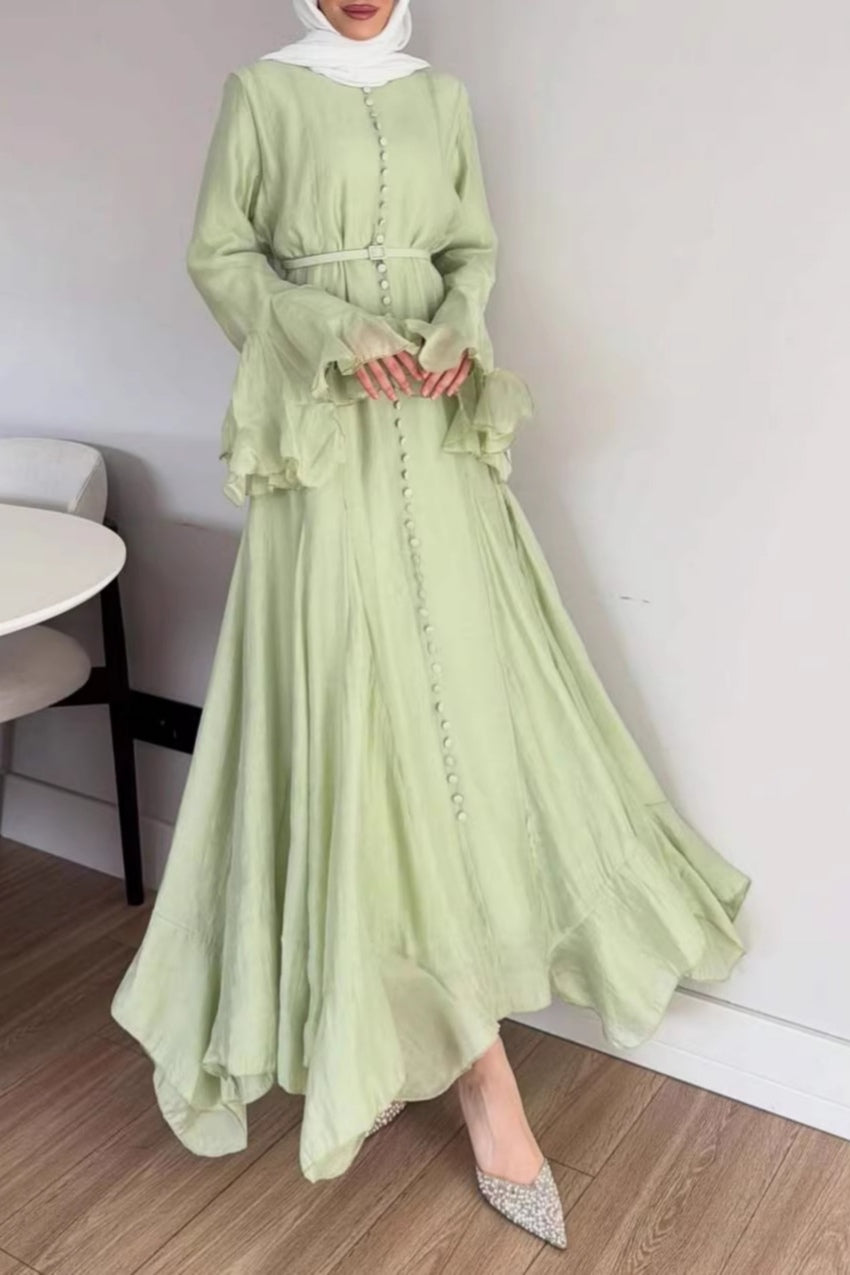 Button Down Cascade Ruffle Sleeve Dress-Green