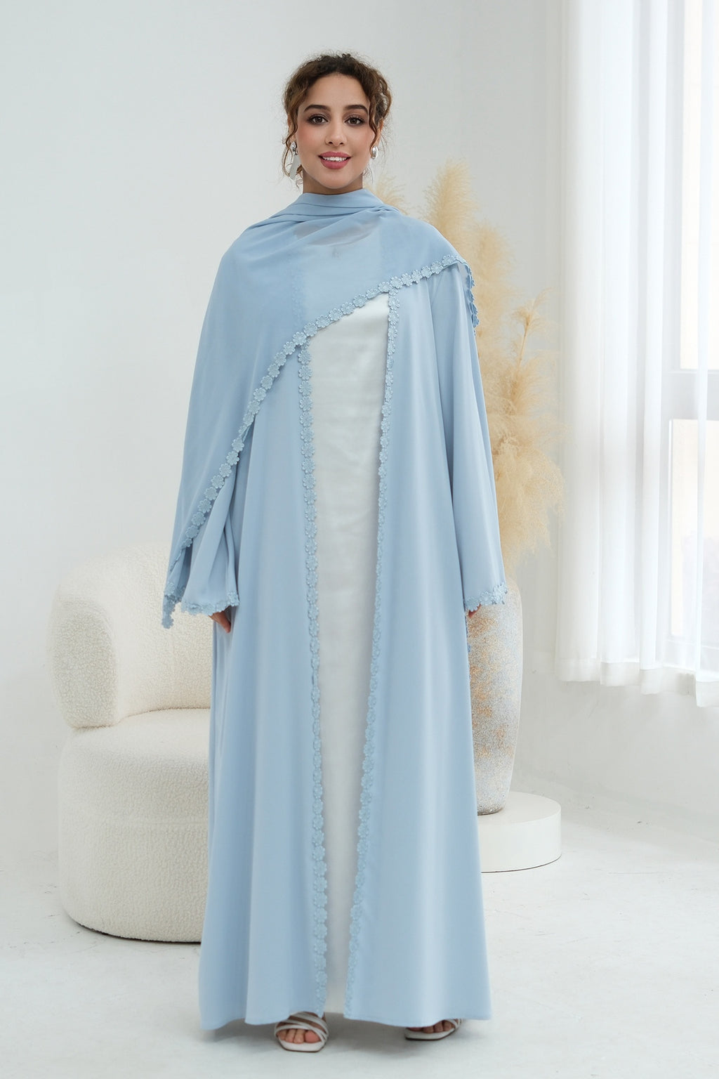 Floral Lace Trim Open Abaya & Matching Hijab Two-Piece Set-Blue