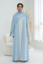 Floral Lace Trim Open Abaya & Matching Hijab Two-Piece Set-Blue