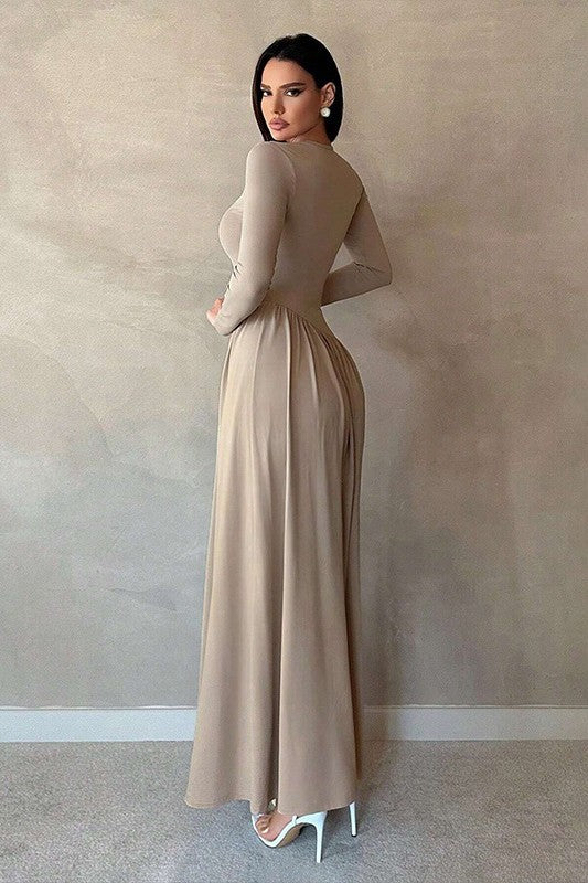 Minimalist Pleated Slim-Fit Maxi Dress-Apricot