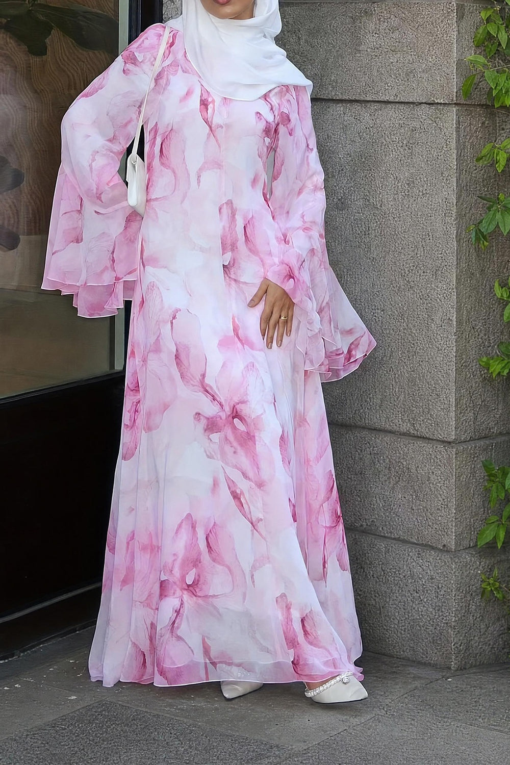 Yara Watercolor Ruffle Flare Maxi Dress-Pink