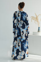 Large Floral Print Bell Sleeve Maxi Dress-DarkBlue