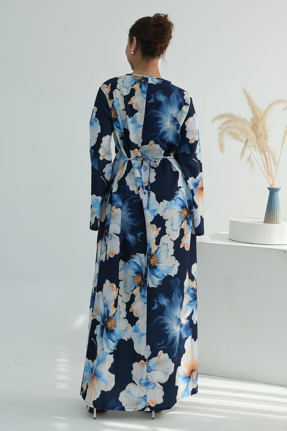 Large Floral Print Bell Sleeve Maxi Dress-DarkBlue