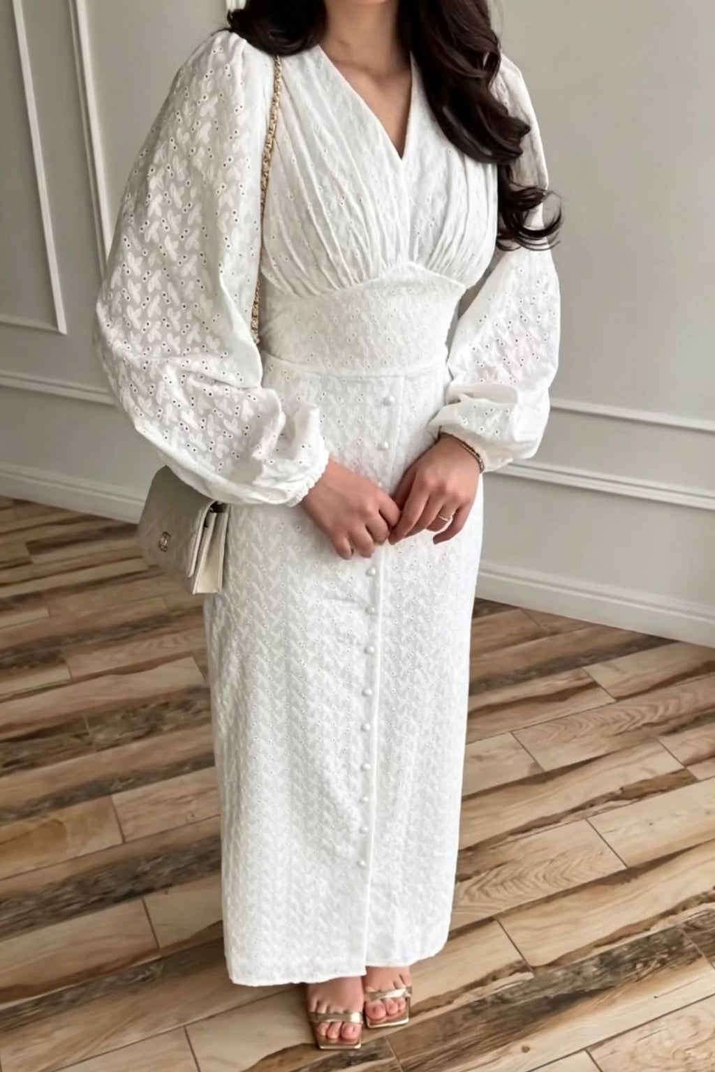 Embroidered Texture Button Detail Maxi Dress