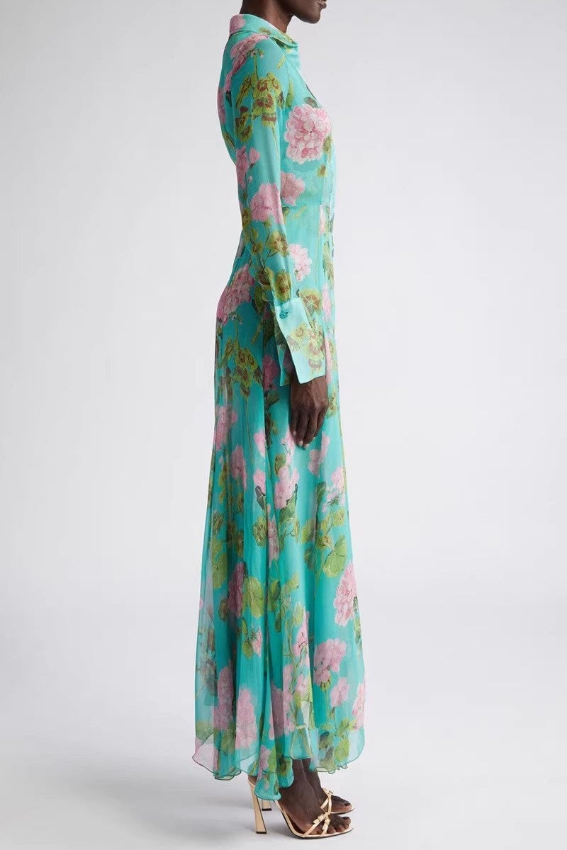 Botanical Green Floral Print Single-Breasted Modest Maxi Dress