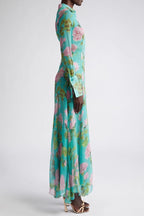 Botanical Green Floral Print Single-Breasted Modest Maxi Dress