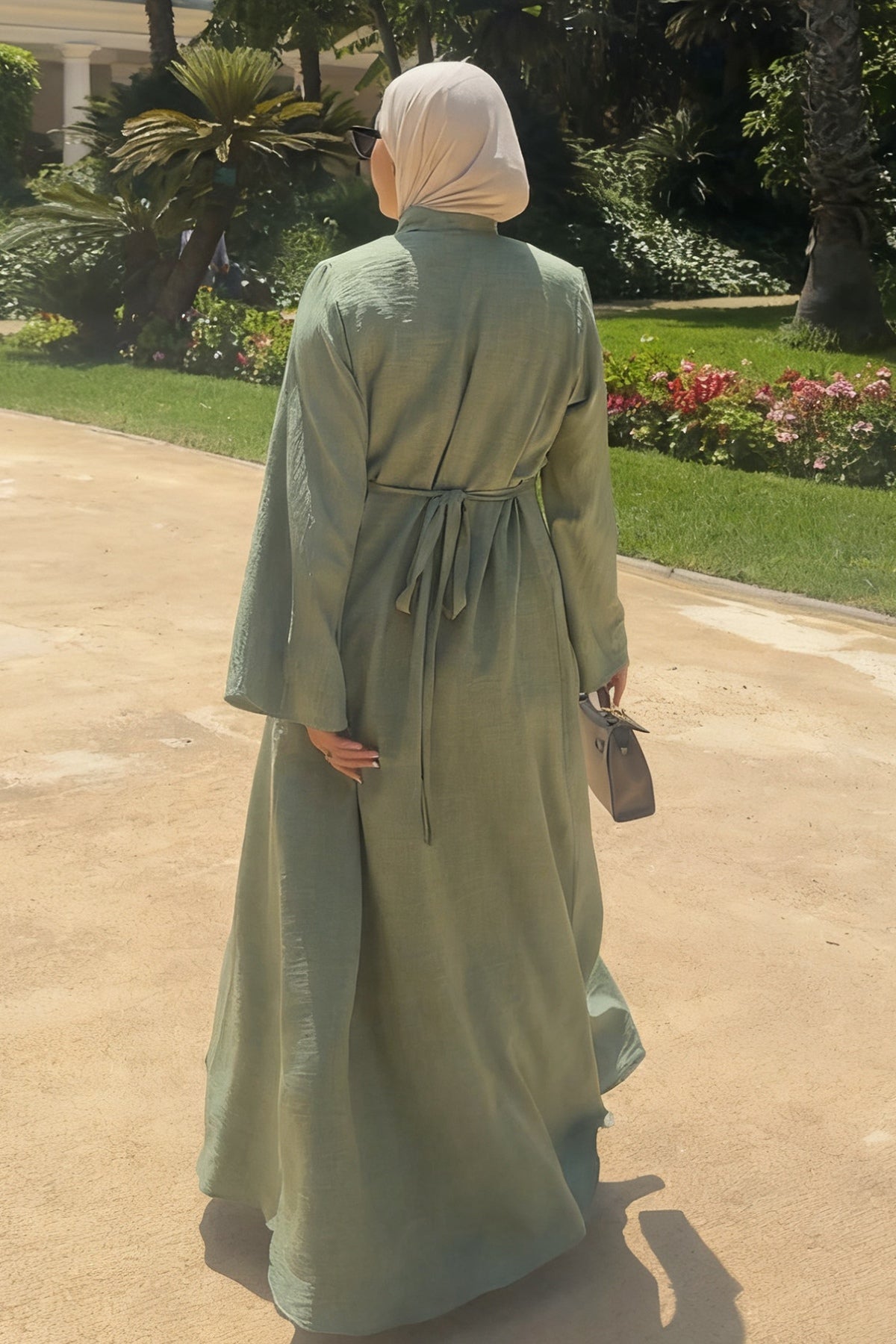 Mandarin Collar Modest Two-Piece Abaya Set-Green