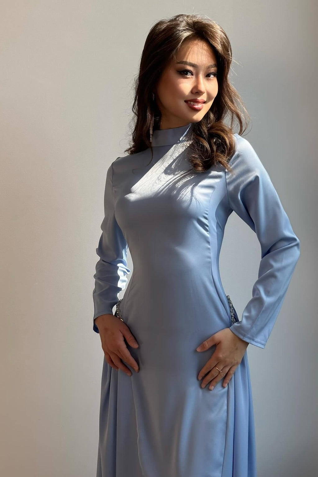 Rhinestone Embellished Slim-Fit Elegant Maxi Dress-Blue