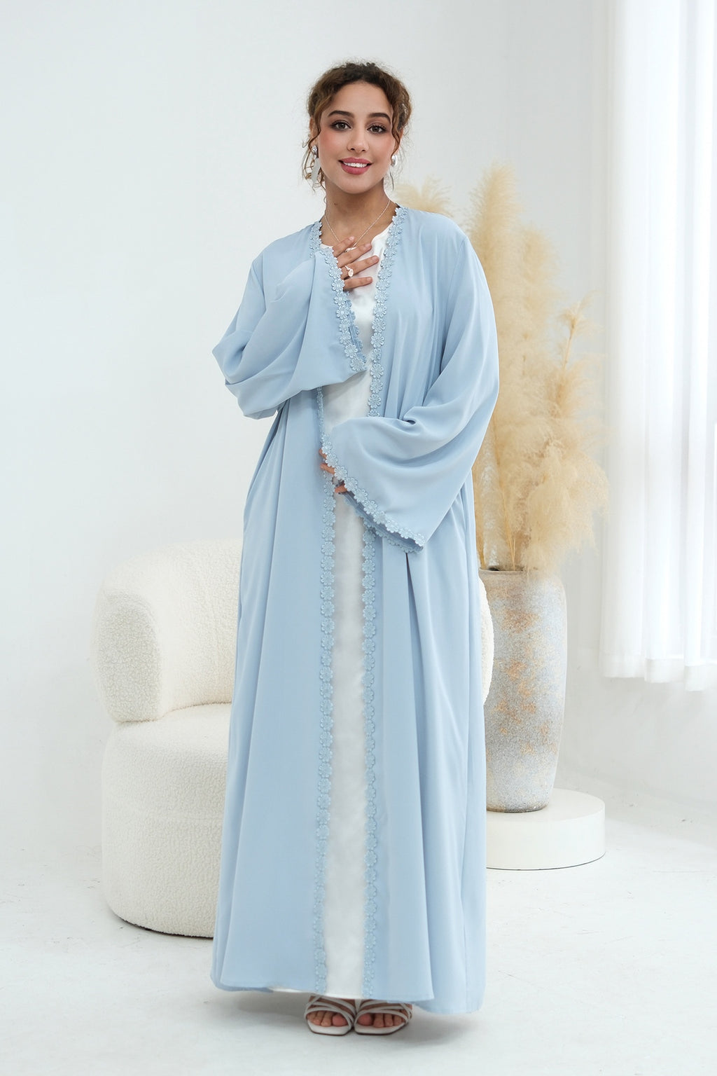 Floral Lace Trim Open Abaya & Matching Hijab Two-Piece Set-Blue