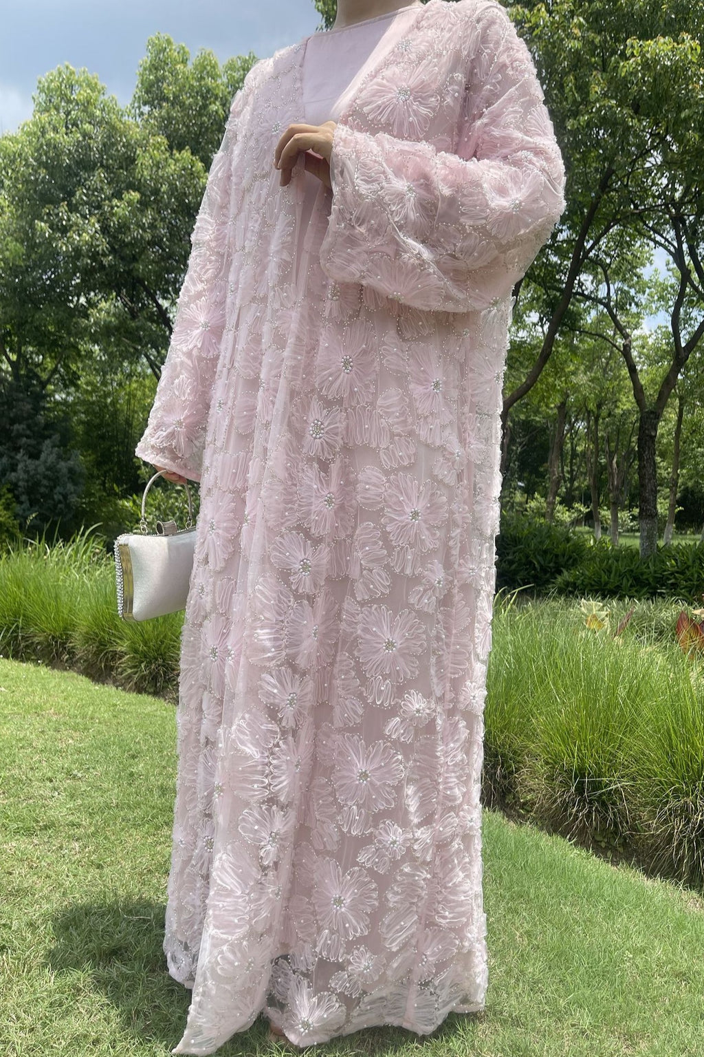 Hand-Beaded Floral Mesh Abaya Two-Piece Set-Pink