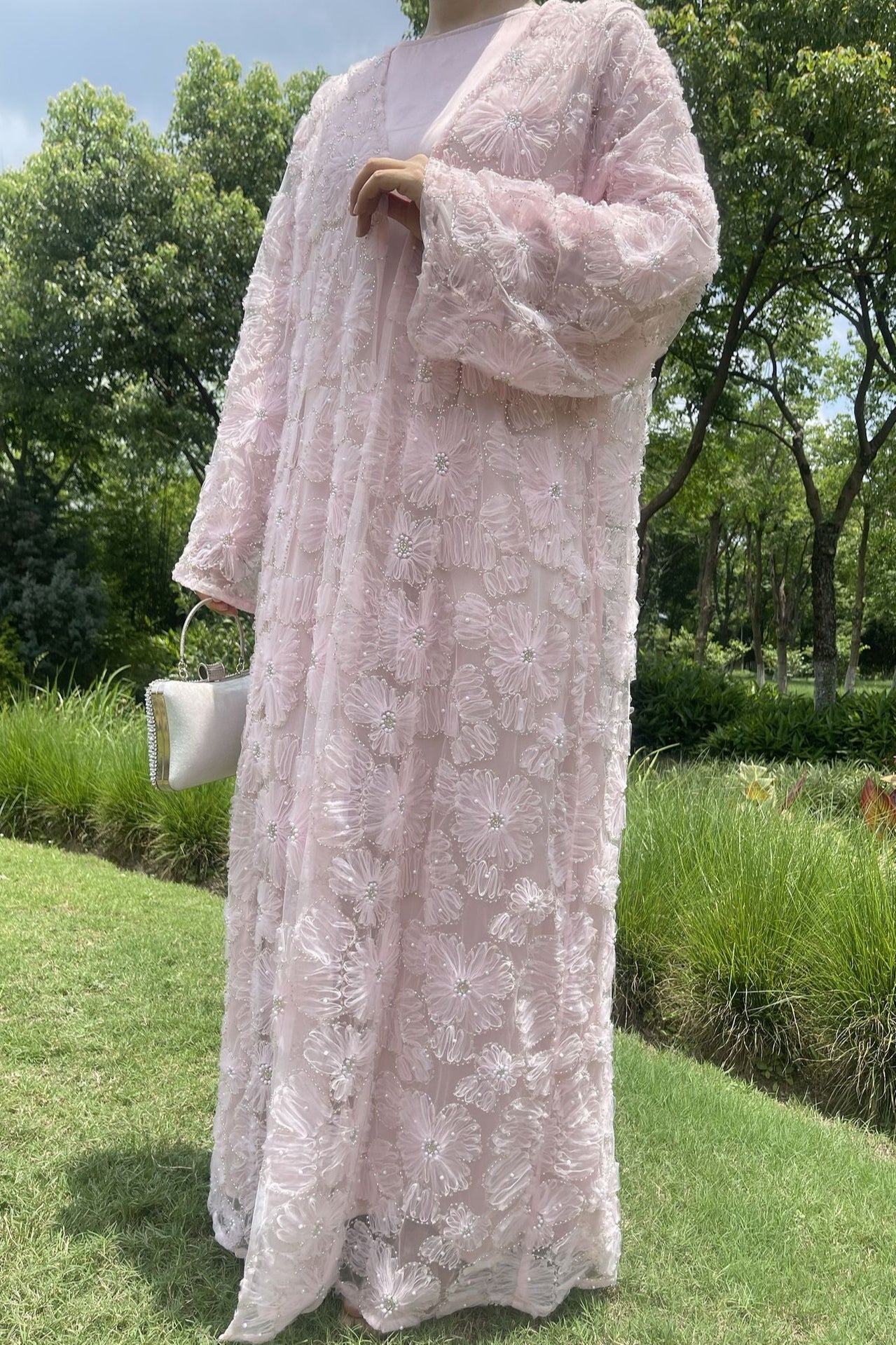 Hand-Beaded Floral Mesh Abaya Two-Piece Set-Pink