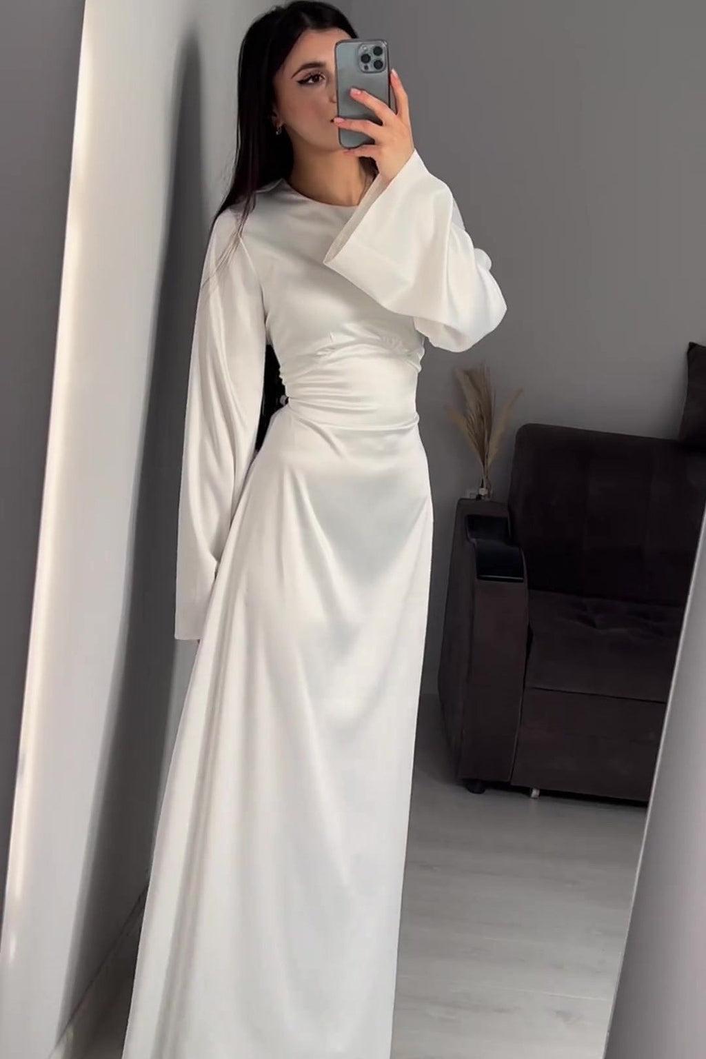 Solid Color Cinched Tie-Waist Slimming Long Sleeve Maxi Dress-White