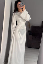 Solid Color Cinched Tie-Waist Slimming Long Sleeve Maxi Dress-White