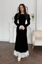 Slim-Fit Lace Patchwork High-End Designer Maxi Dress-Black