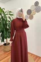Elegant Slim-Fit Cinched Waist Maxi Abaya Dress-Red
