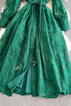 Elena Lace Embroidered Buttoned Maxi Dress-DarkGreen