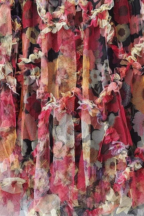Embroidered Floral Mesh Maxi Dress with 3D Textured Blossoms