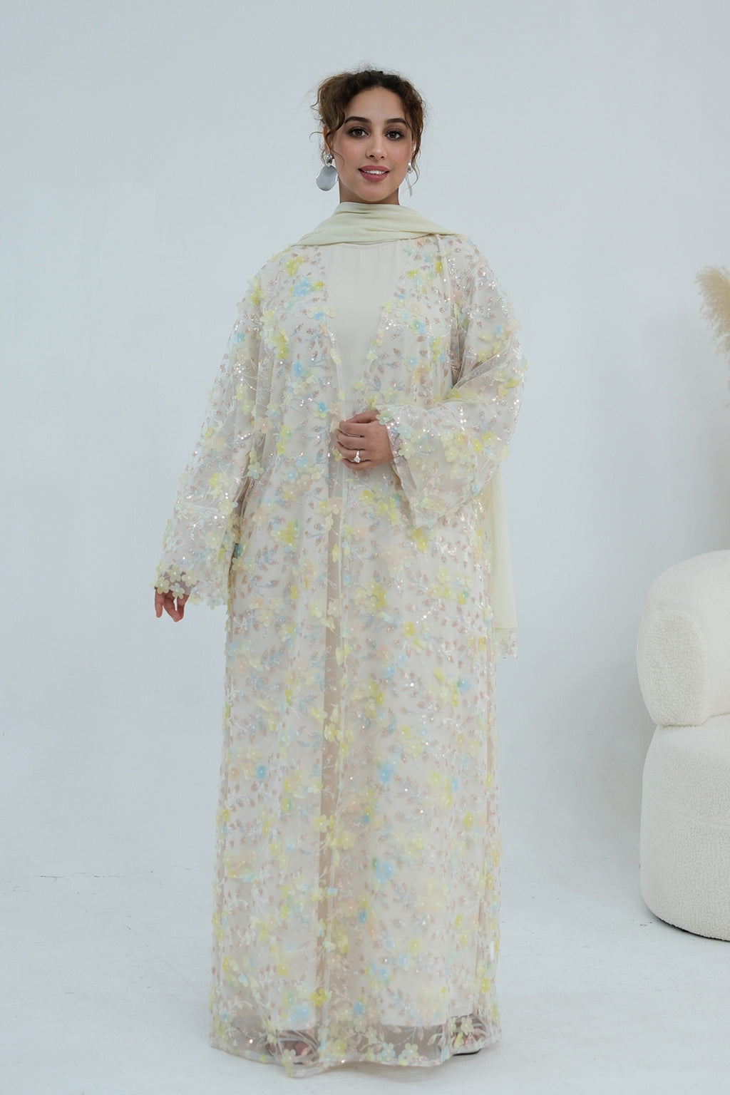 Hand-Beaded Floral Open Abaya Three-Piece Set with Matching Inner Dress & Hijab-Apricot