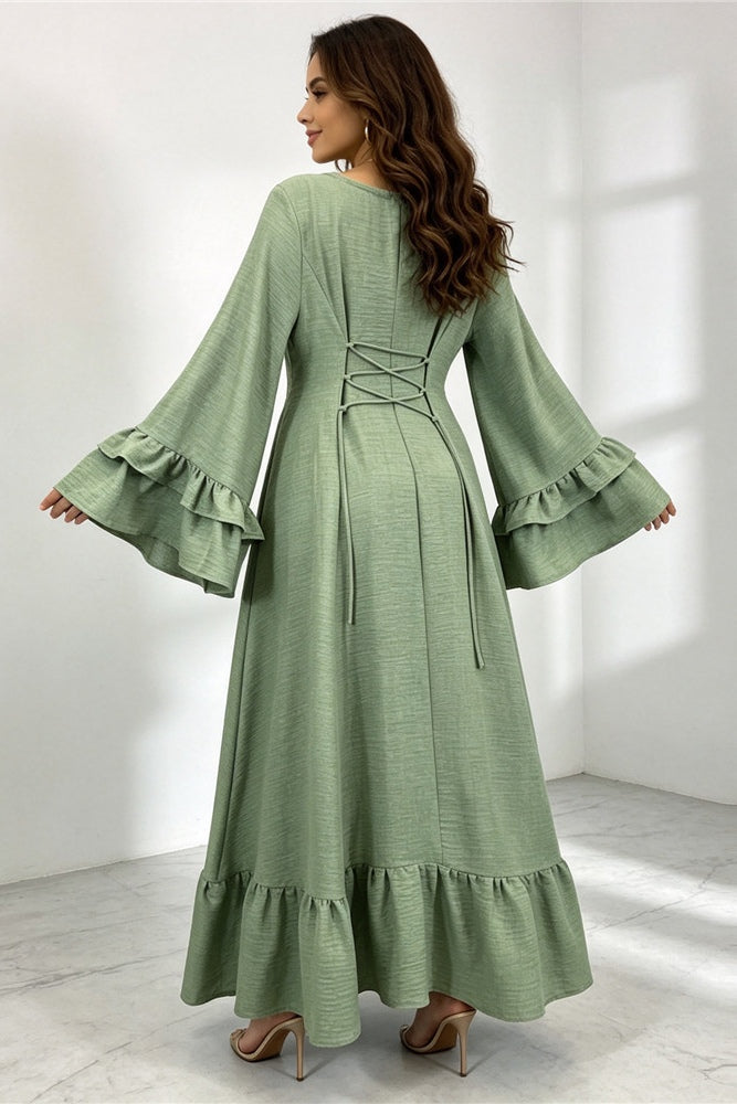 Sara Double Ruffle Cuff Tiered Maxi Dress-Green