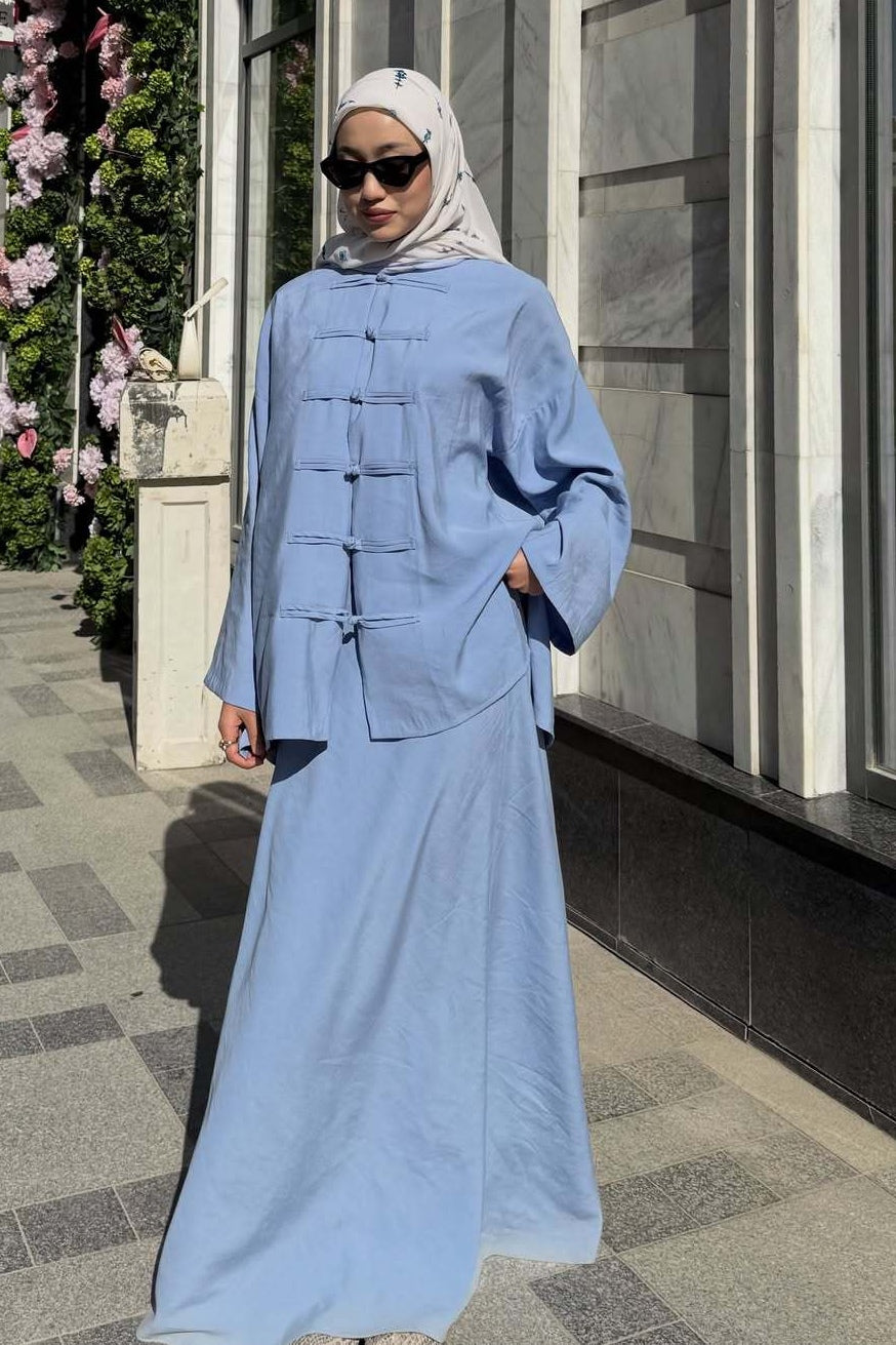 Mandarin Collar Knot-Button Modest Two-Piece Co-Ord Set-Blue