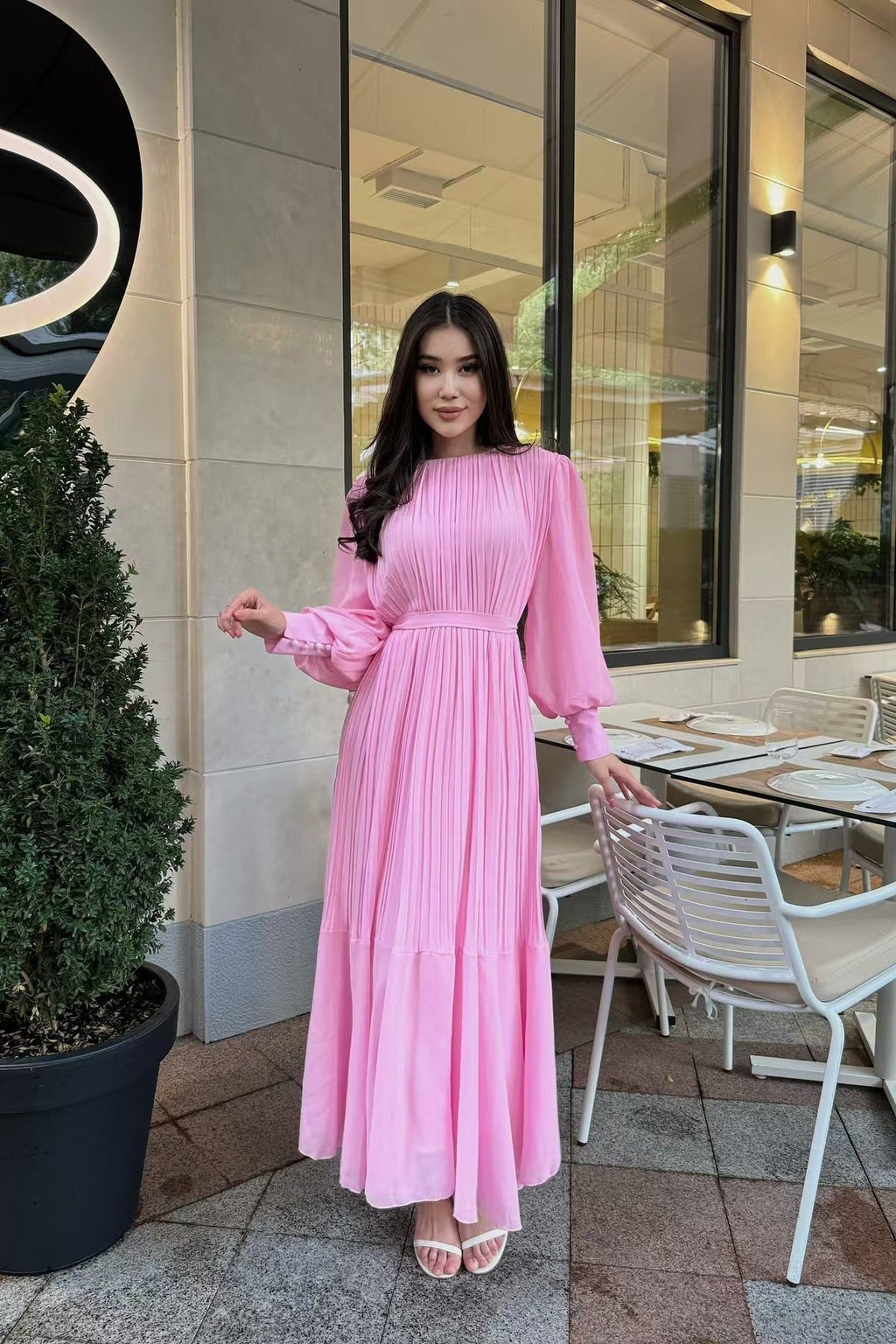 Elegance Pleated Chiffon Full-Sweep Maxi Dress-Pink