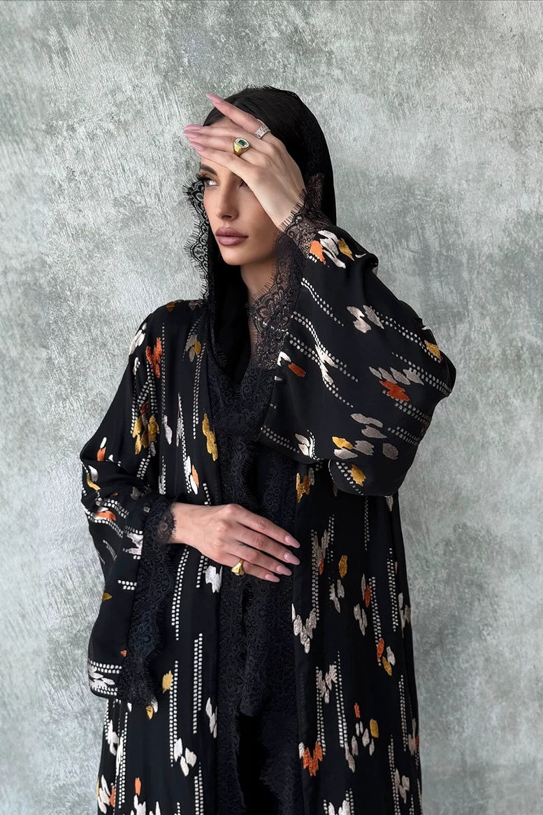 Lace-Trimmed Printed Open Abaya & Hijab Set