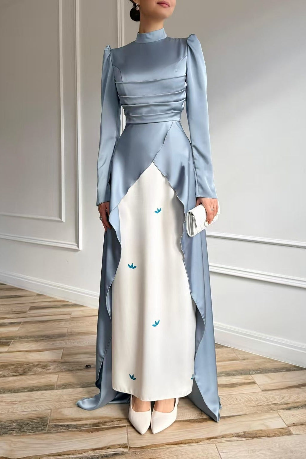 High-End Deconstructed Satin Gown with Embroidered Inner Layer-Blue