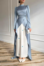 High-End Deconstructed Satin Gown with Embroidered Inner Layer-Blue