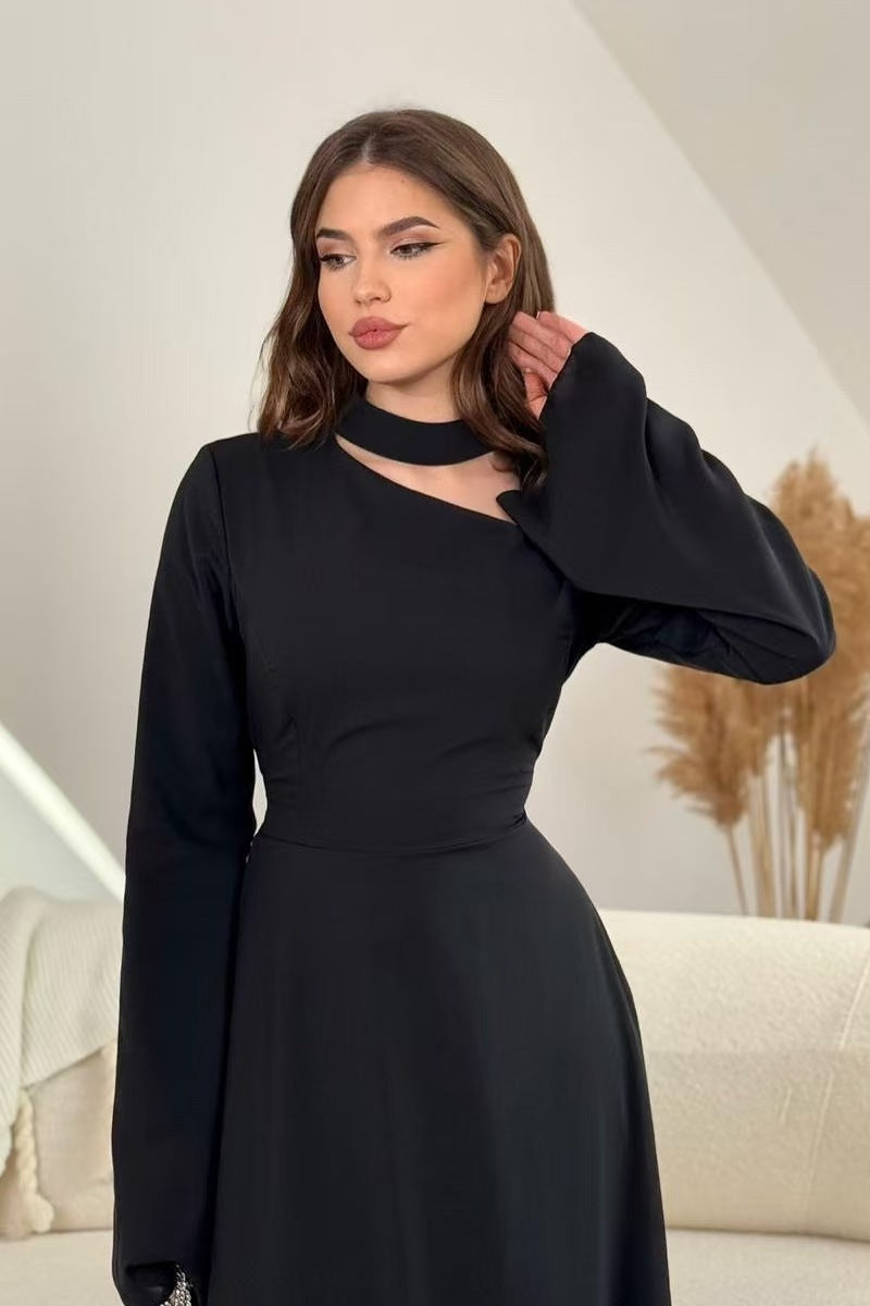 Minimalist Evening Dress with Flared Sleeves-Black