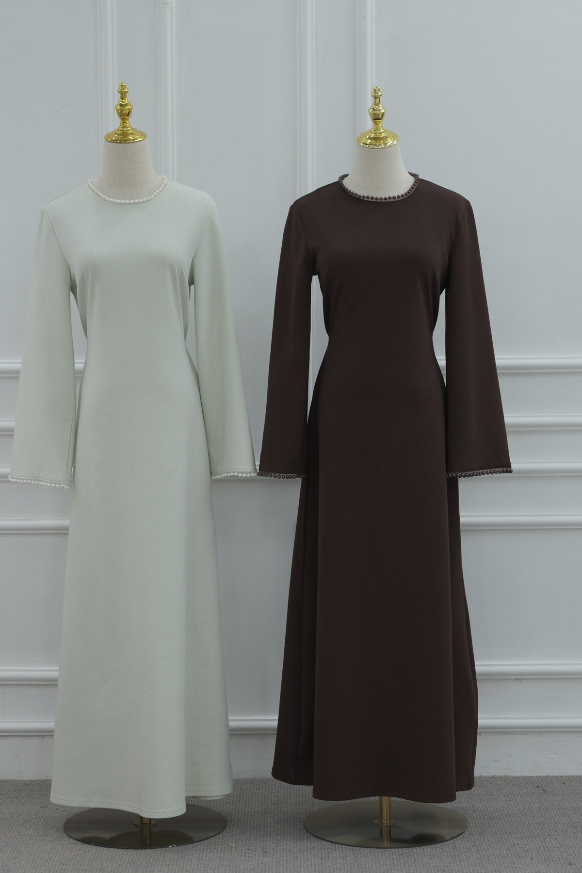 Pearl-Trimmed Cape Modest Evening Gown-Green