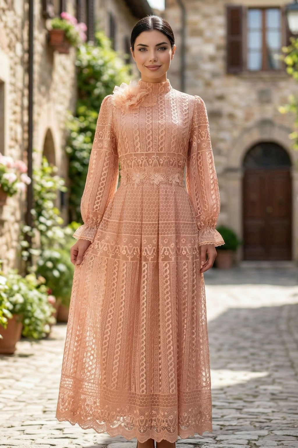 Double-Layer Lace Embroidered Maxi Dress-Pink