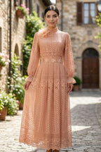 Double-Layer Lace Embroidered Maxi Dress-Pink