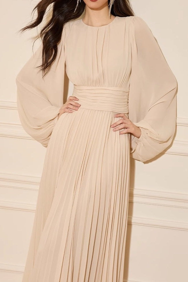 Minimalist Pleated Round-Neck Modest Maxi Dress