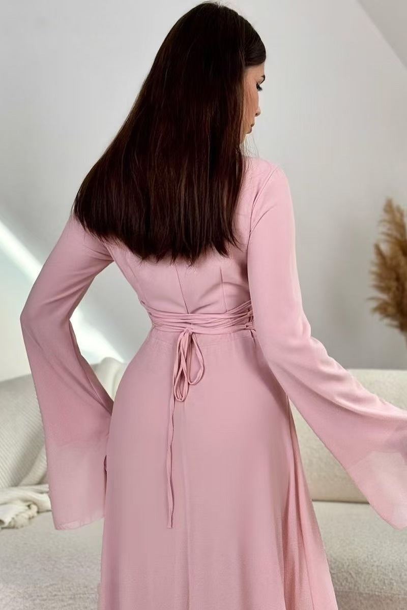 Minimalist Evening Dress with Flared Sleeves-Pink