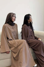 Mandarin Collar Knot-Button Modest Two-Piece Co-Ord Set-Brown